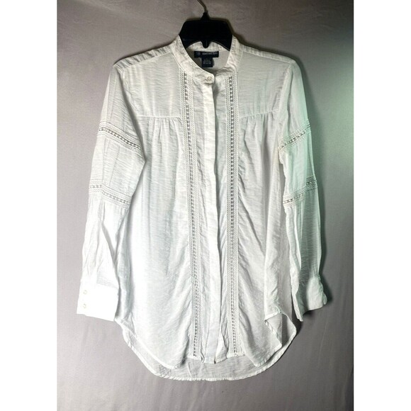 18 Centimeters Blouse Womens M White Trimmed Long Sleeve Band Collar Button Top - Picture 9 of 12